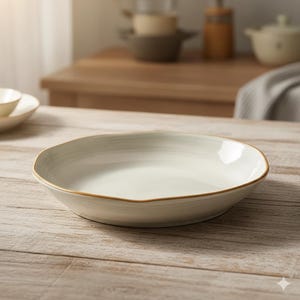 Peut inclure: Un bol de service en céramique blanche avec un bord légèrement irrégulier et ondulé et un fin bord brun doré. Le bol repose sur une surface en bois de couleur claire. Le bol est conçu pour servir des aliments.