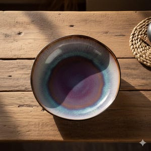 Peut inclure: Un bol en céramique avec un dégradé de couleurs unique. Le centre est d'un violet profond, passant au turquoise puis à un bord marron clair. Le bol repose sur une surface en bois, mettant en valeur son design élégant.