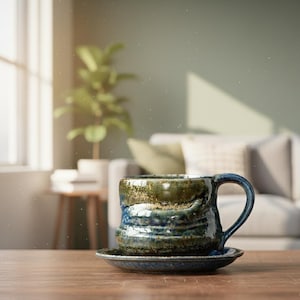 Peut inclure: Une tasse en céramique faite à la main avec sa soucoupe assortie. La tasse présente un mélange de tons bleus, verts et dorés, avec une surface texturée et une anse incurvée. La soucoupe est d'une couleur bleue similaire. L'ensemble est posé sur une table en bois.