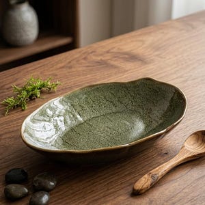 9" Handmade Irregular Ceramic Oval Plate | Forest Green Crackle Glaze Pasta Bowl | Wabi Sabi Stoneware Serving Dish | Tableware Gift