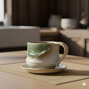 Peut inclure: Une tasse en céramique faite à la main avec une base blanche et des accents verts et bruns. La tasse est posée sur une soucoupe assortie, le tout sur un tapis en bambou. La tasse a une anse incurvée et une forme organique unique.