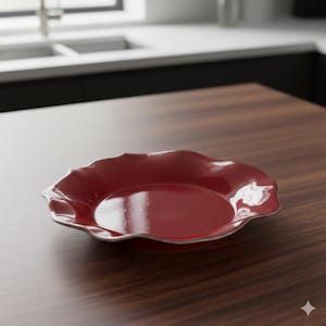 Può includere: Un piatto in ceramica rosso con bordo ondulato e bordo color argento. Il piatto è su una superficie di legno. Il piatto è un articolo per la cucina.