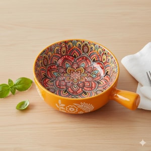 Peut inclure: Bol en céramique orange avec une poignée, orné d'un motif floral mandala coloré à l'intérieur. Le bol présente des motifs floraux et de feuilles blancs à l'extérieur. Une branche de basilic est à gauche.