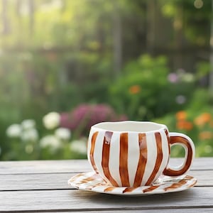 Peut inclure: Une tasse à café et une soucoupe en céramique blanches avec des rayures marron verticales. La tasse a une forme arrondie avec une anse. La soucoupe est ronde et correspond au motif rayé de la tasse. L'ensemble est sur une table en bois.