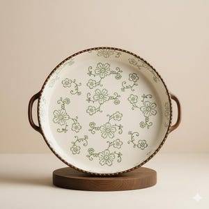 Op de afbeelding: Ronde, crèmekleurige keramische serveerschaal met een groen bloemmotief. De rand en handvatten zijn bruin. De schaal staat op een houten standaard. Het bloemmotief herhaalt zich.