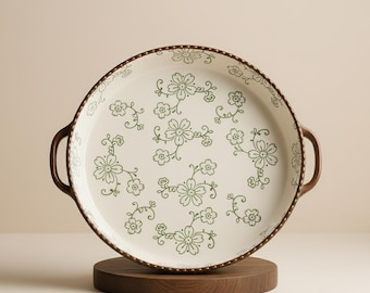 Vintage Japanese Style Ceramic Baking Dish - Green Floral Stoneware Tart Pan with Handles