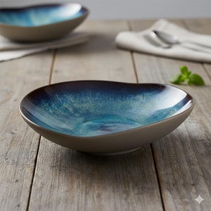 Peut inclure: Un saladier en céramique de forme organique. L'intérieur présente un dégradé de bleus, allant d'un indigo profond à un turquoise plus clair. L'extérieur est beige mat neutre. Le bol est posé sur une surface en bois.