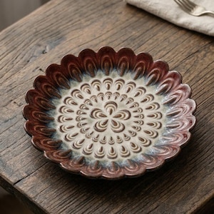 Vintage Kiln Glaze Ceramic Petal Plate | 10" Scalloped Edge Serving Dish | Retro Red & Cream Floral Dinnerware | Bohemian Artisan Pottery