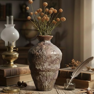 Peut inclure: Un vase marron texturé contient des fleurs séchées. Il est posé sur une table en bois avec des livres anciens, une lampe vintage et une plume. L'ensemble évoque une ambiance vintage et studieuse.
