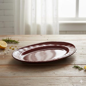 Op de afbeelding: Een bordeauxrode ovale serveerschaal met een getextureerde rand. De keramische schaal staat op een houten tafel. Een citroen en een takje rozemarijn liggen op de tafel.