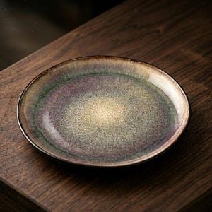 Peut inclure: Une assiette ronde en céramique avec une finition irisée et mouchetée. L'assiette présente un dégradé de couleurs, notamment du vert, du violet et de l'or, avec un bord marron foncé. L'assiette est posée sur une surface en bois foncé.