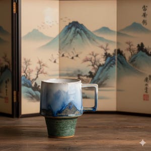 Peut inclure: Une tasse en céramique au design unique. La tasse présente une partie supérieure bleue et blanche avec un motif de montagne, passant à une base verte. Elle a une anse carrée et est placée devant un paravent peint.