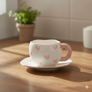 Peut inclure: Un ensemble tasse et soucoupe en céramique blanche. La tasse a une forme arrondie avec une anse rose et est décorée de motifs en forme de cœur roses. La soucoupe est également blanche avec un bord rose. L'ensemble est posé sur une surface en bois.
