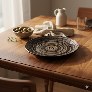 Peut inclure: Une assiette en céramique noire et beige avec un motif en spirale est posée sur une table en bois. Un petit bol d'olives vertes, un pichet blanc, un verre et une serviette en lin sont également sur la table. La table est en bois.
