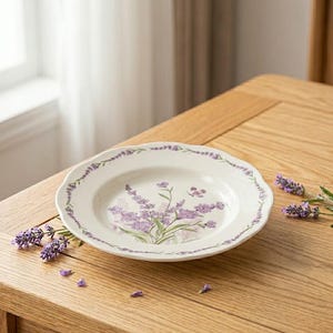 Piatto in ceramica con motivo floreale lavanda da 21 cm (8,25") con bordo smerlato | Servizio da tavola botanico con fiori viola e farfalle | Decorazione per cucina in stile provenzale