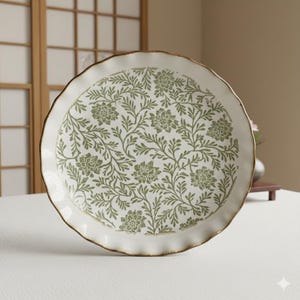 May include: A white ceramic plate with a scalloped edge and a gold rim. The plate features a green floral pattern in the center. The design includes stylized flowers and leaves. This decorative plate is suitable for serving food or as a decorative piece.
