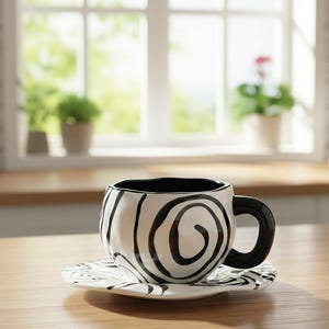 Peut inclure: Une tasse à café et une soucoupe en céramique blanches avec un motif en spirale noir. La tasse a un intérieur et une anse noirs. La soucoupe a un motif noir et blanc assorti. L'ensemble est sur une surface en bois.