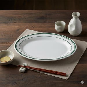 Peut inclure: Un plat de service ovale blanc avec une bordure verte, à côté d'un service à saké, d'un petit bol et de baguettes. Le service à saké comprend une bouteille et une tasse. Les baguettes reposent sur un repose-baguettes décoratif. Les articles sont disposés sur une table en bois.