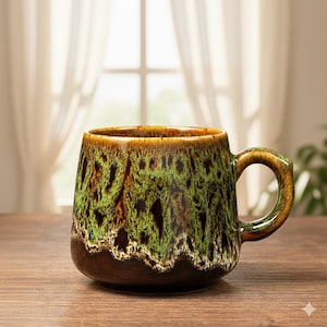 Handgjord mossgrön och jordbrun glaserad keramikmugg | 350 ml rustik stengodskaffekopp | Estetisk vintagetekopp | Unik hantverksgåva