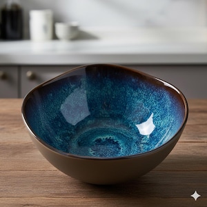 Puede incluir: Un cuenco de cerámica con una forma asimétrica única. El interior presenta un esmalte azul vibrante con una apariencia texturizada, mientras que el borde y el exterior son de color marrón cálido. El cuenco está sobre una superficie de madera.