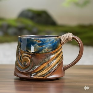 Peut inclure: Une tasse en céramique faite à la main, avec une base marron et un dessus bleu. La tasse présente un motif en spirale unique et une anse enveloppée de corde. Parfait pour le café ou le thé.