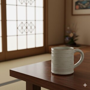 Peut inclure: Une tasse en céramique beige clair avec des lignes horizontales texturées. Elle est posée sur une table en bois brun foncé. Le fond présente un intérieur japonais traditionnel avec une porte coulissante et une œuvre encadrée.
