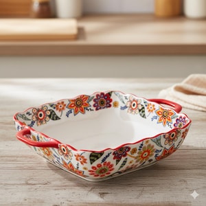 Blommig ugnsform i keramik - Bohemisk handmålad gryta med handtag