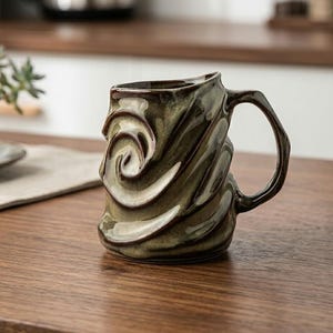 Peut inclure: Une tasse en céramique faite à la main avec un design texturé unique. La tasse présente un motif tourbillonnant dans des tons de vert et de marron, avec une anse marron foncé. La tasse est conçue pour les boissons chaudes.