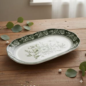 Puede incluir: Una fuente ovalada con un diseño floral blanco y un borde verde oscuro. La fuente tiene un borde festoneado y está decorada con un delicado estampado floral en tonos verdes y blancos. La fuente es de cerámica.