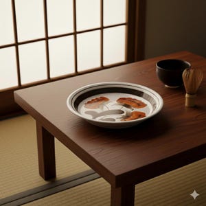 Może przedstawiać: Niski, ciemny drewniany stół z białym talerzem z pomarańczowymi wzorami kwiatowymi i czarnymi paskami. Czarna miska i bambusowa miotełka również się na nim znajdują. Scena rozgrywa się w tradycyjnym japońskim wnętrzu.