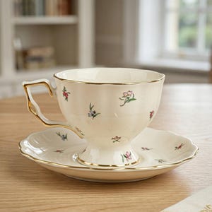 Peut inclure: Service à thé crème avec de délicats motifs floraux roses, bleus et verts. La tasse a une anse et un bord dorés, et la soucoupe a une bordure dorée assortie. L'ensemble est posé sur une table en bois.