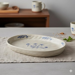 Peut inclure: Plat ovale en céramique crème avec des motifs floraux et de feuilles bleus. Le plat est posé sur une nappe en lin de couleur neutre. D'autres pièces en céramique sont visibles en arrière-plan.