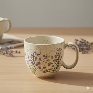 Peut inclure: Mug en céramique crème avec une finition mouchetée et une anse incurvée. Le mug est décoré d'un motif floral avec des fleurs violettes et des tiges vertes. Le mug est posé sur une surface en bois.