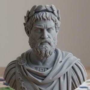 May include: A gray bust of a man with a beard and a laurel wreath crown. The sculpture has a detailed face and is wearing a toga-like garment. The bust is on a pedestal base, and the background includes art supplies.