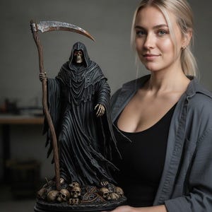 Op de afbeelding: Een gedetailleerd beeld van de Grim Reaper, gekleed in een zwarte gewaad met capuchon, met een zeis. Het beeld is gemonteerd op een voet met schedels. De figuur is ongeveer 30 cm hoog. Het beeld heeft een verweerde, antieke afwerking.