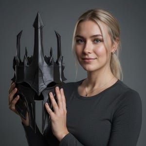 May include: A black, ornate helmet with a tall, spiked crown and intricate details. The helmet is held up in front of a person. The helmet appears to be 3D printed and is a prop or costume piece.