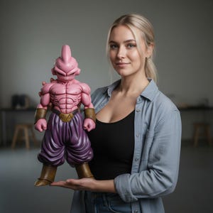May include: A pink and purple Majin Buu action figure. The figure has a muscular physique, with a pink body, purple pants, and brown boots. The figure is approximately 12 inches tall.