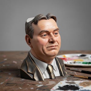 以下が含まれることがあります： スーツとネクタイ姿の男性の胸像彫刻。写実的な塗装仕上げで、顔の特徴や髪の毛が詳細に表現されています。木製の表面に置かれ、絵の具のパレットと筆が近くにあります。