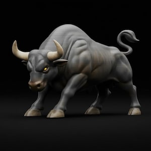 May include: A gray bull sculpture with a muscular build, poised in a charging stance. The bull has large, curved horns and yellow eyes, set against a dark background. The sculpture is detailed, with visible texture.