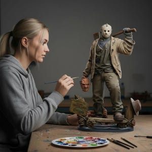 May include: A detailed figurine of a character from a horror movie, holding an axe and a severed head. The figure wears a hockey mask and a tan jacket. A person is painting the figurine with a paintbrush and a palette of colors.