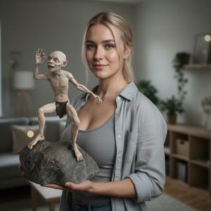Pode incluir: Uma figura detalhada de Gollum de O Senhor dos Anéis, em pé sobre uma rocha. A figura é pálida com um tapa-sexo. A figura é segurada por uma pessoa que usa uma camisa cinza. O fundo é um interior desfocado.