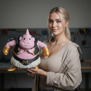 May include: A plush toy of the character Majin Buu from the Dragon Ball Z anime series. The toy is pink with a black vest, gold accents, and a white skirt. The character has a distinctive pointed head and a friendly expression.