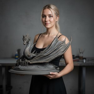 May include: A detailed dragon sculpture with outstretched wings, in shades of gray and bronze, rests on a circular base. The dragon is the focal point, showcasing intricate scales and a detailed head. The sculpture is held by a person.