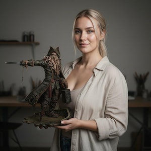 May include: A detailed figurine of a pirate, with a long coat, hat, and a sword. The figure has a beard of tentacles and is holding a box. The figurine is on a wooden base.