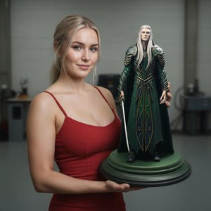 Pode incluir: Estatueta detalhada de um elfo em armadura verde e dourada, segurando uma espada. A figura tem cabelo comprido e branco e está sobre uma base circular verde. A estatueta tem cerca de 30 cm de altura.