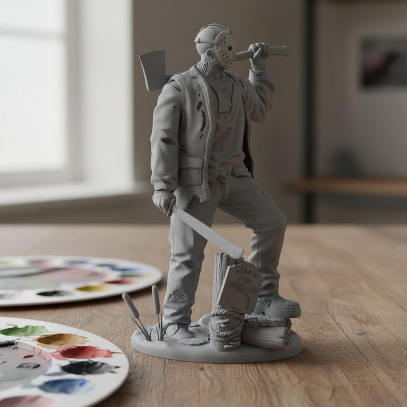 May include: A gray figurine of a masked figure holding a machete and an axe. The figure is wearing a jacket and jeans, and stands on a base with a tombstone. The figurine is a horror movie collectible.