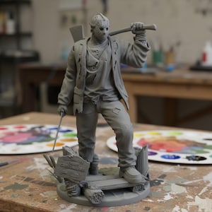 May include: A gray figurine of a character from a horror movie, wearing a hockey mask and holding an axe. The figure stands on a wooden platform with a sign that reads "Welcome to Camp Crystal Lake."