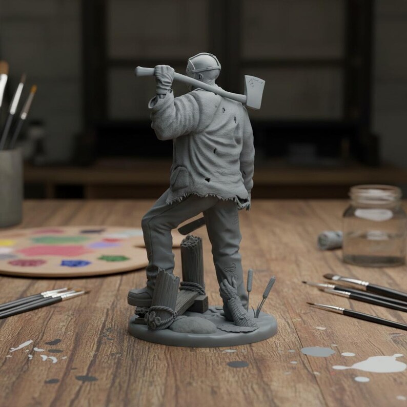 May include: A gray figurine of a figure in a hockey mask holding an axe over his shoulder. The figure is wearing a torn jacket and pants, standing on a small base with wooden posts and cattails. The figurine is on a wooden table with art supplies.