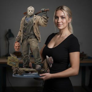 May include: A detailed figurine of a horror movie character, wearing a hockey mask and holding an axe. The figure is dressed in a worn jacket and trousers, with a second mask in hand. The base features a sign that reads "Camp Crystal Lake".