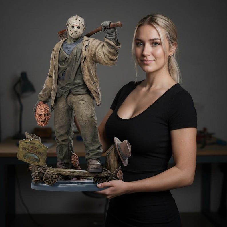 May include: A detailed figurine of a horror movie character, wearing a hockey mask and holding an axe. The figure is dressed in a worn jacket and pants, with a second mask in hand. The base features a sign that reads "Camp Crystal Lake".